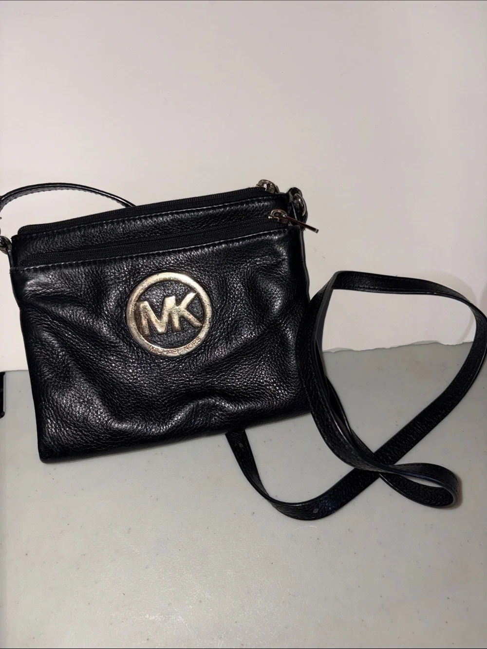 Michael Kors Black Pebbled Leather Crossbody with Gold MK Emblem
